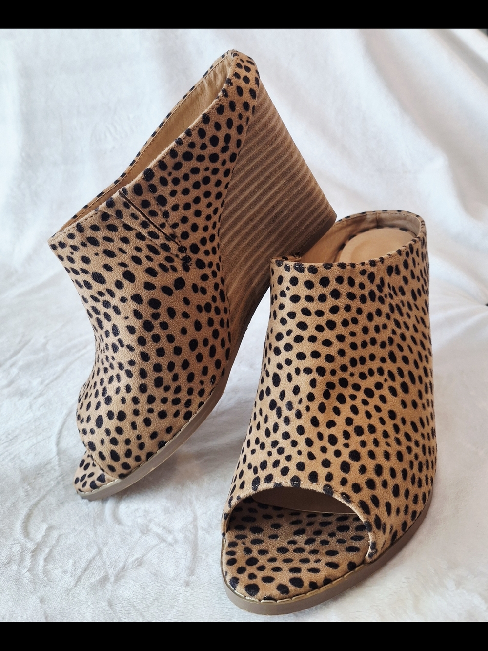 Ccocci "Paige" Cheetah Print Peep-Toe Stacked Wedge Mules